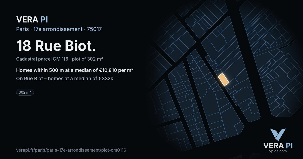 18 Rue Biot, 17e arrondissement at night – the plot lit, the parcels around coloured by the prices near them