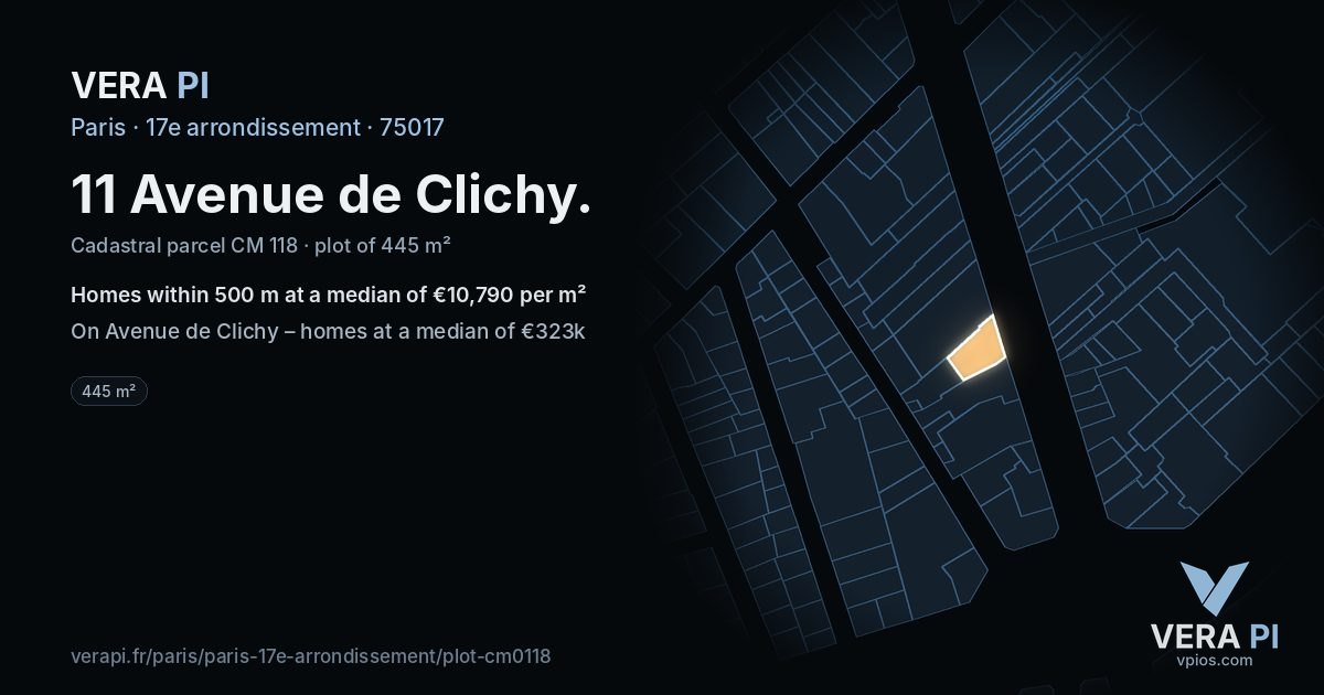 11 Avenue de Clichy, 17e arrondissement at night – the plot lit, the parcels around coloured by the prices near them