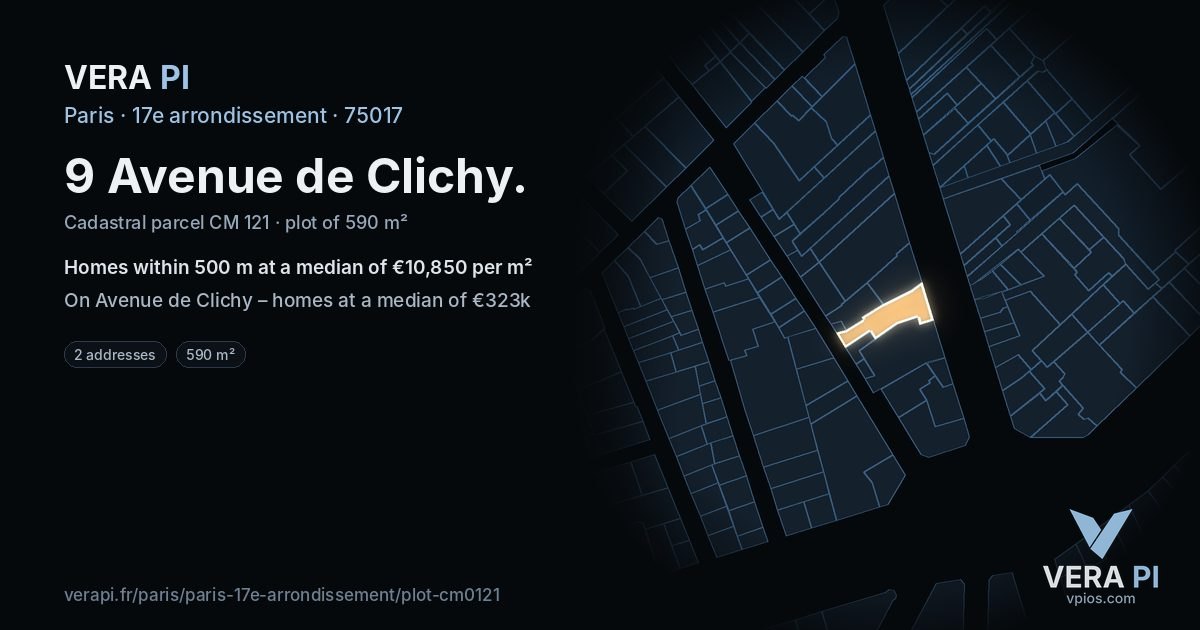 9 Avenue de Clichy, 17e arrondissement at night – the plot lit, the parcels around coloured by the prices near them