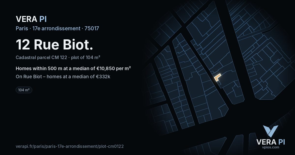 12 Rue Biot, 17e arrondissement at night – the plot lit, the parcels around coloured by the prices near them