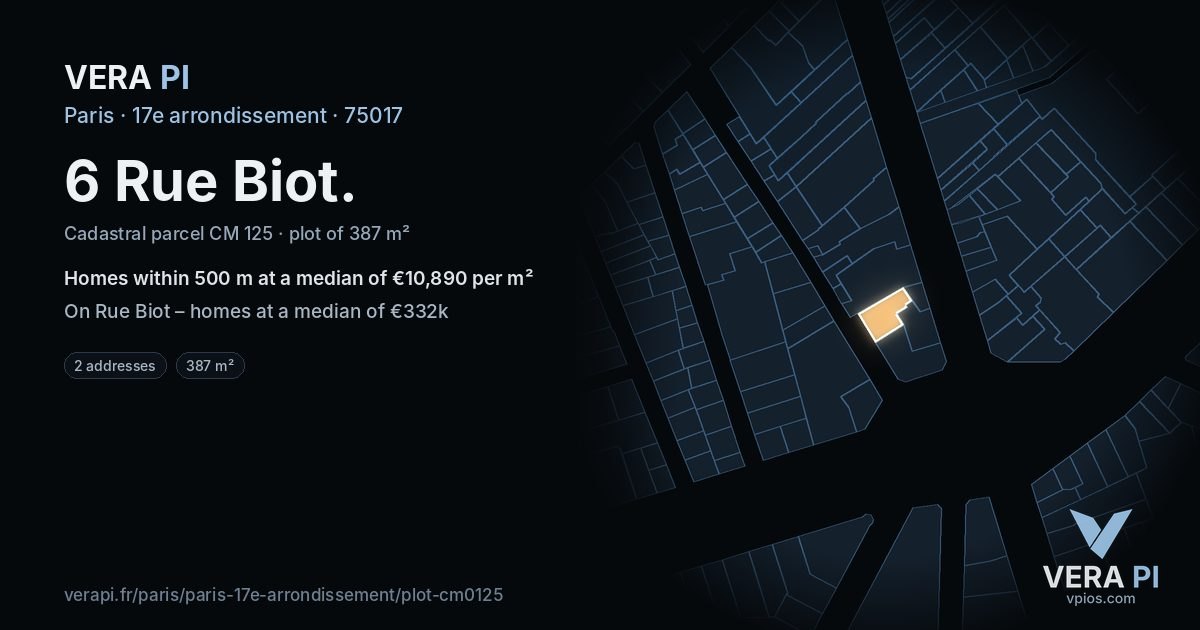 6 Rue Biot, 17e arrondissement at night – the plot lit, the parcels around coloured by the prices near them