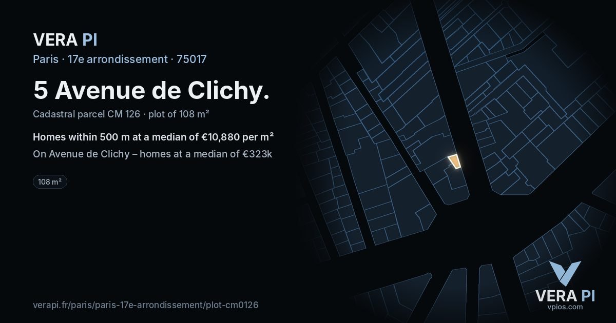 5 Avenue de Clichy, 17e arrondissement at night – the plot lit, the parcels around coloured by the prices near them