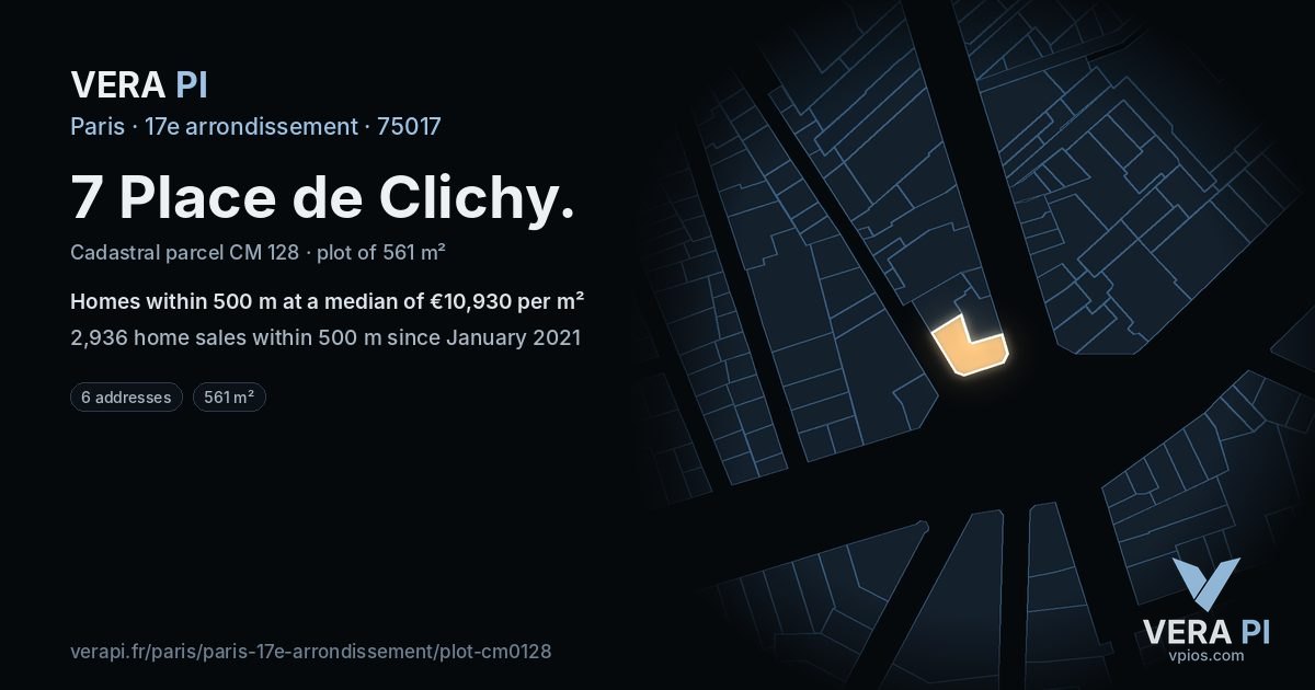7 Place de Clichy, 17e arrondissement at night – the plot lit, the parcels around coloured by the prices near them