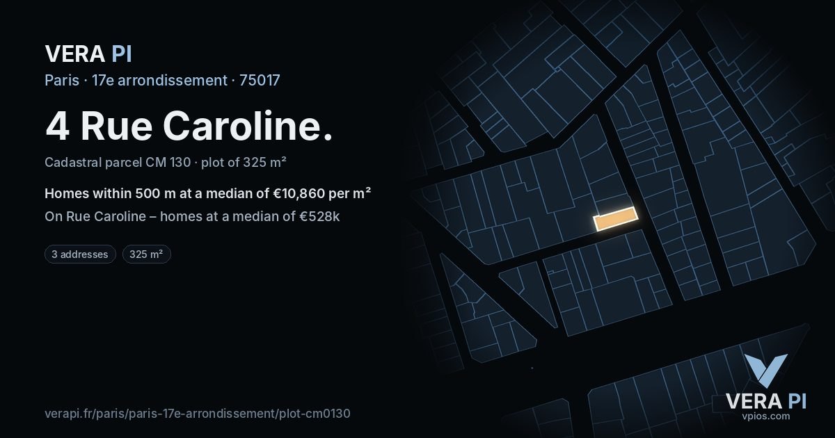 4 Rue Caroline, 17e arrondissement at night – the plot lit, the parcels around coloured by the prices near them