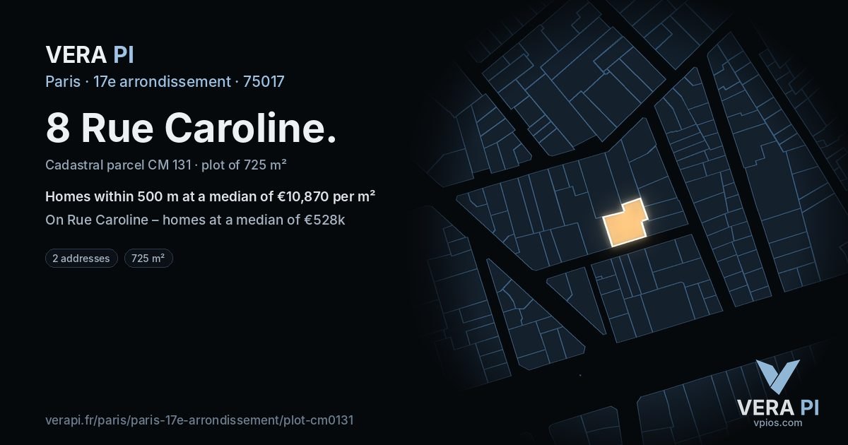 8 Rue Caroline, 17e arrondissement at night – the plot lit, the parcels around coloured by the prices near them
