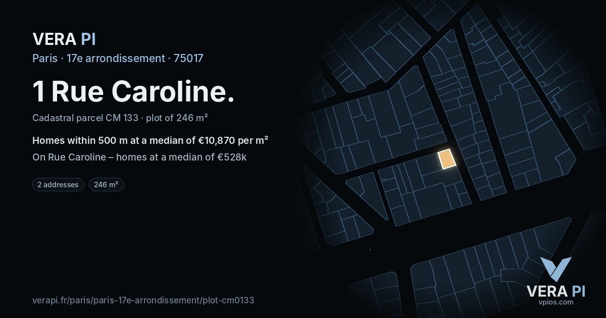 1 Rue Caroline, 17e arrondissement at night – the plot lit, the parcels around coloured by the prices near them