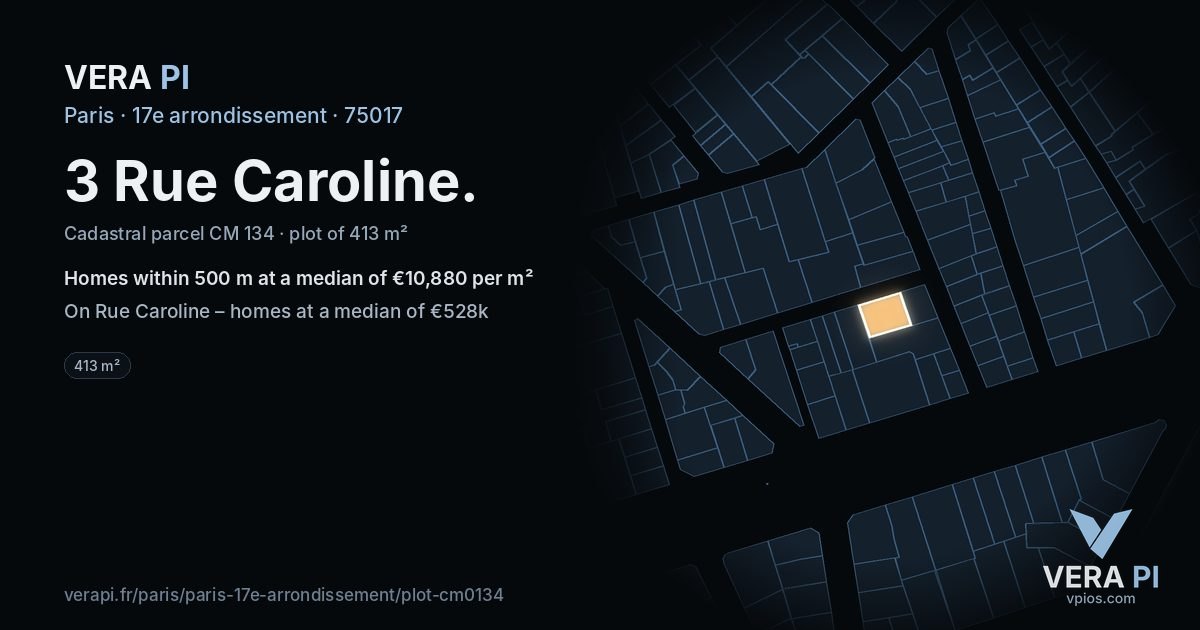 3 Rue Caroline, 17e arrondissement at night – the plot lit, the parcels around coloured by the prices near them