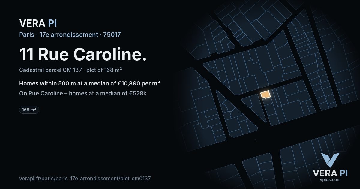 11 Rue Caroline, 17e arrondissement at night – the plot lit, the parcels around coloured by the prices near them