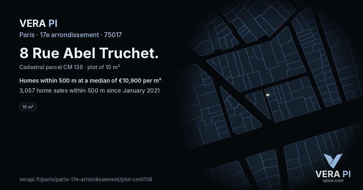 8 Rue Abel Truchet, 17e arrondissement at night – the plot lit, the parcels around coloured by the prices near them