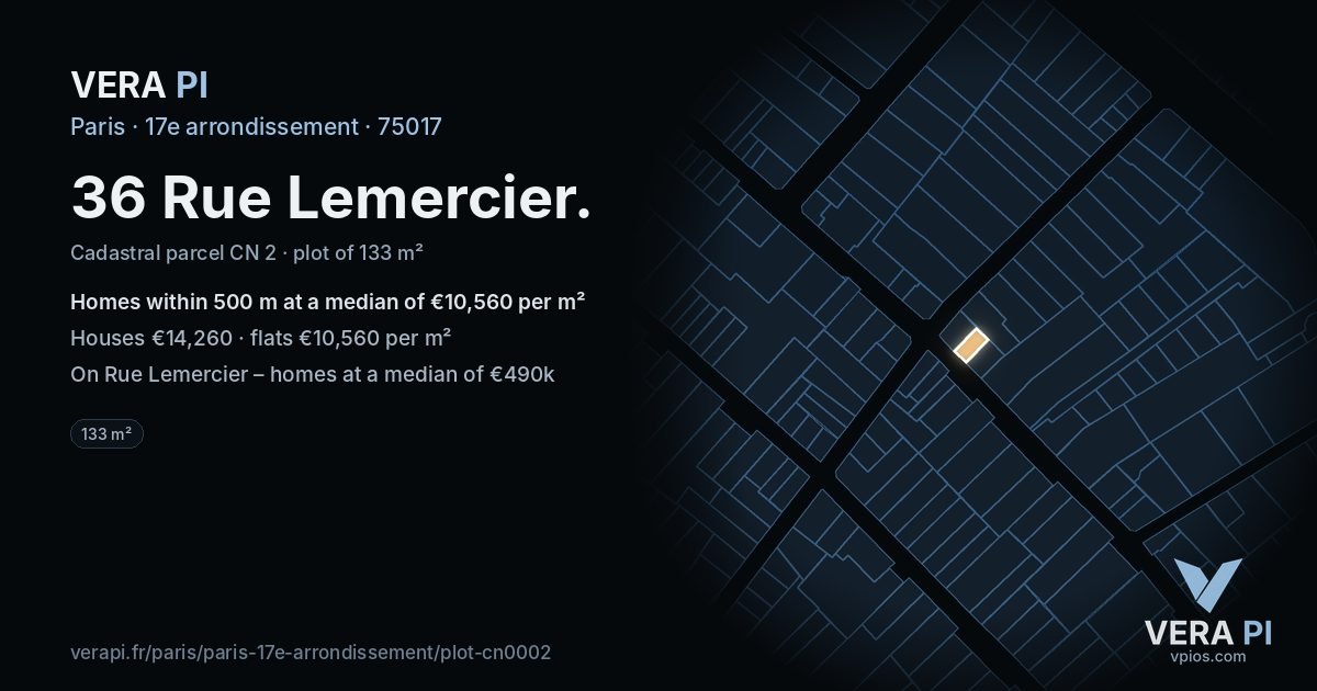 36 Rue Lemercier, 17e arrondissement at night – the plot lit, the parcels around coloured by the prices near them