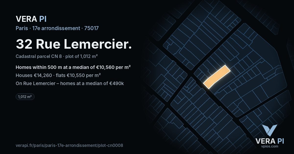 32 Rue Lemercier, 17e arrondissement at night – the plot lit, the parcels around coloured by the prices near them