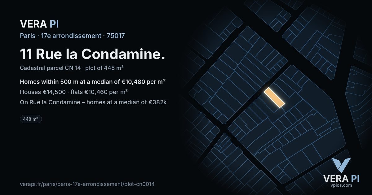 11 Rue la Condamine, 17e arrondissement at night – the plot lit, the parcels around coloured by the prices near them