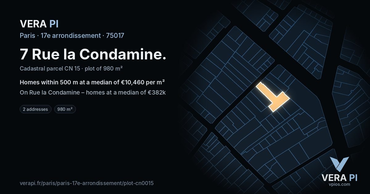 7 Rue la Condamine, 17e arrondissement at night – the plot lit, the parcels around coloured by the prices near them