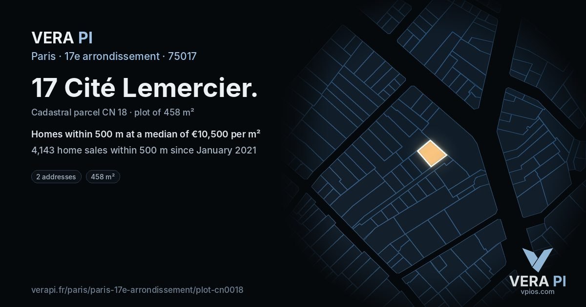 17 Cité Lemercier, 17e arrondissement at night – the plot lit, the parcels around coloured by the prices near them