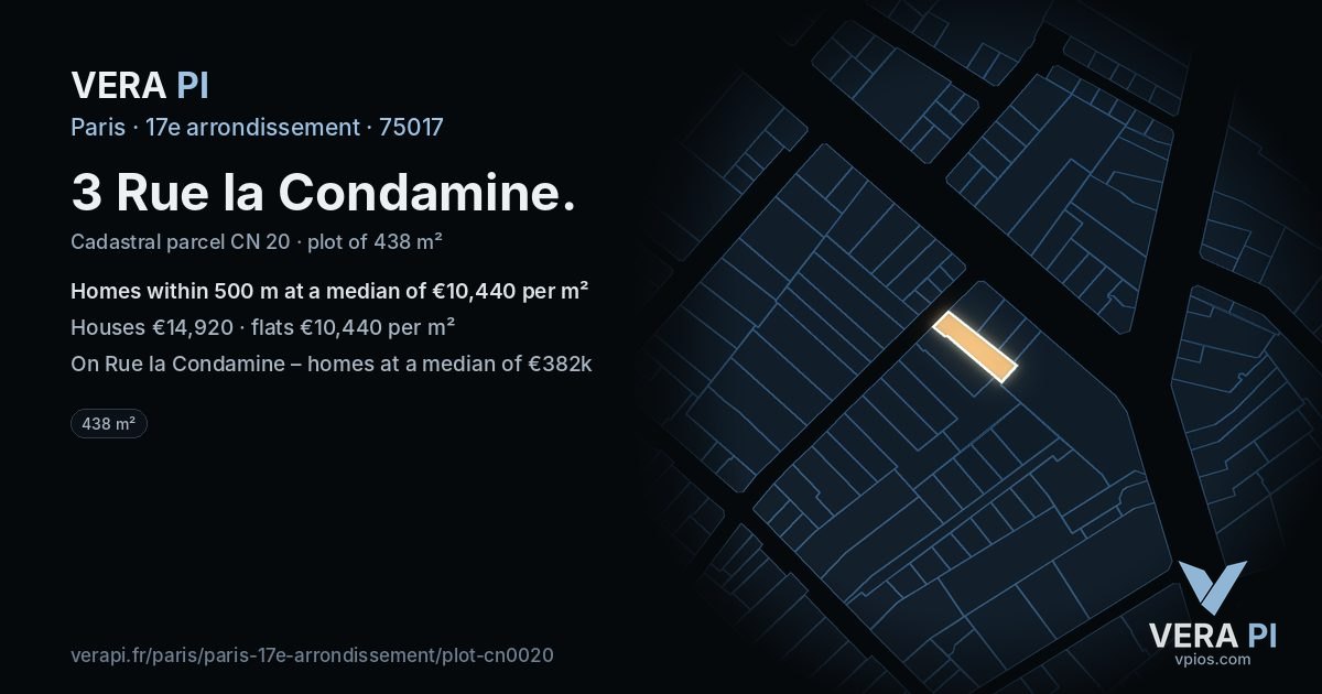 3 Rue la Condamine, 17e arrondissement at night – the plot lit, the parcels around coloured by the prices near them