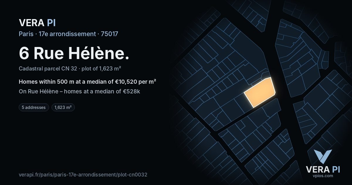 6 Rue Hélène, 17e arrondissement at night – the plot lit, the parcels around coloured by the prices near them