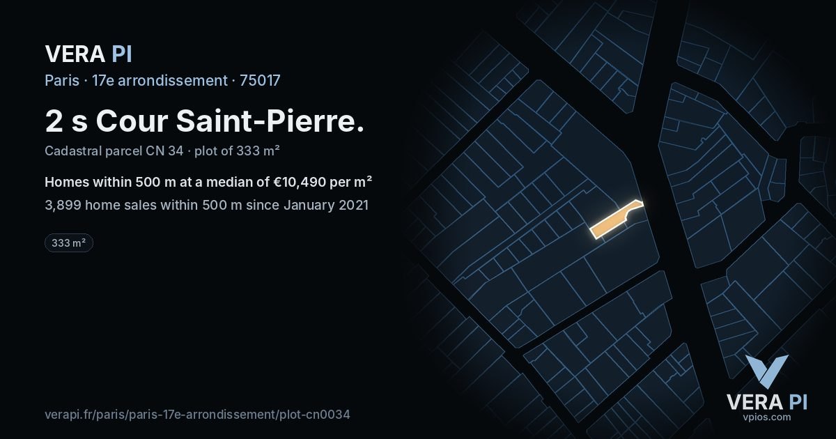 2 s Cour Saint-Pierre, 17e arrondissement at night – the plot lit, the parcels around coloured by the prices near them