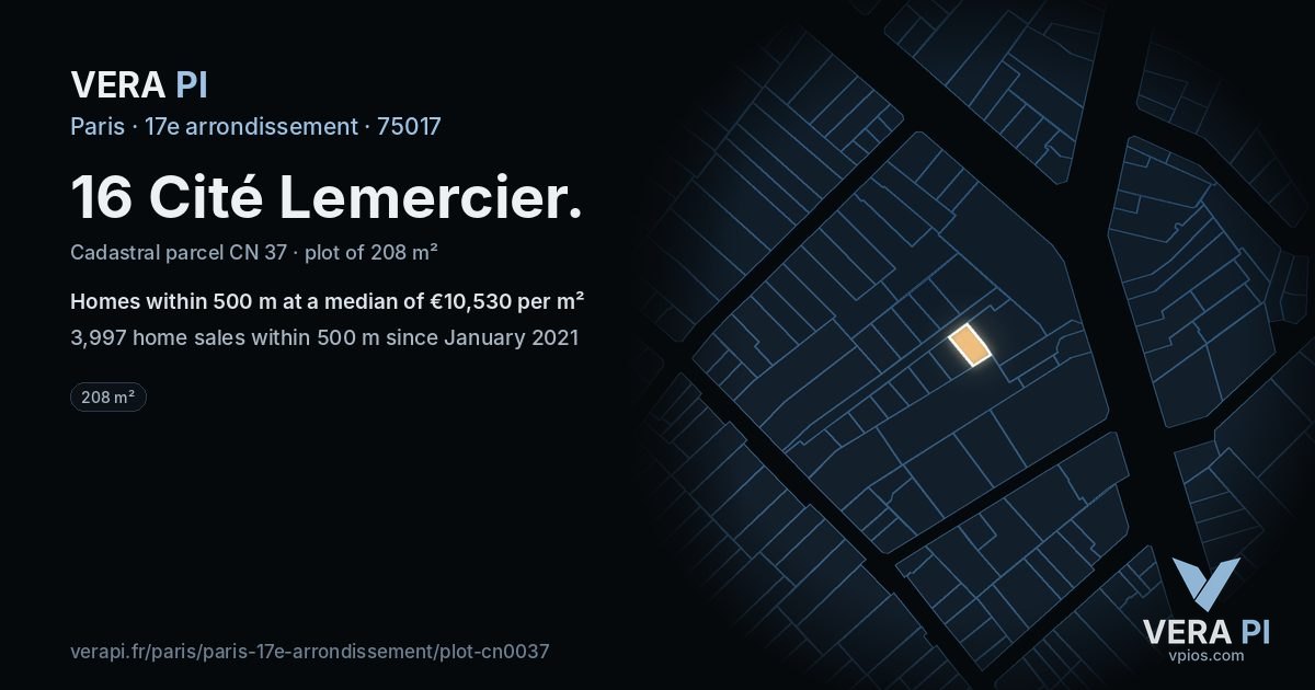 16 Cité Lemercier, 17e arrondissement at night – the plot lit, the parcels around coloured by the prices near them