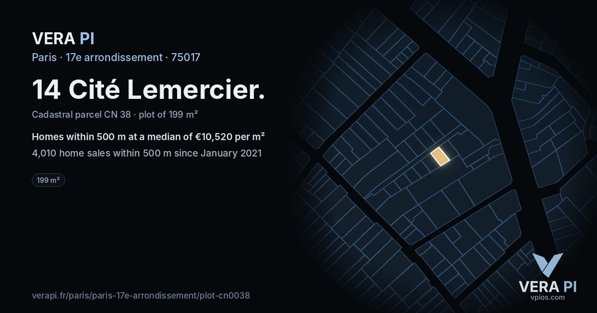 14 Cité Lemercier, 17e arrondissement at night – the plot lit, the parcels around coloured by the prices near them