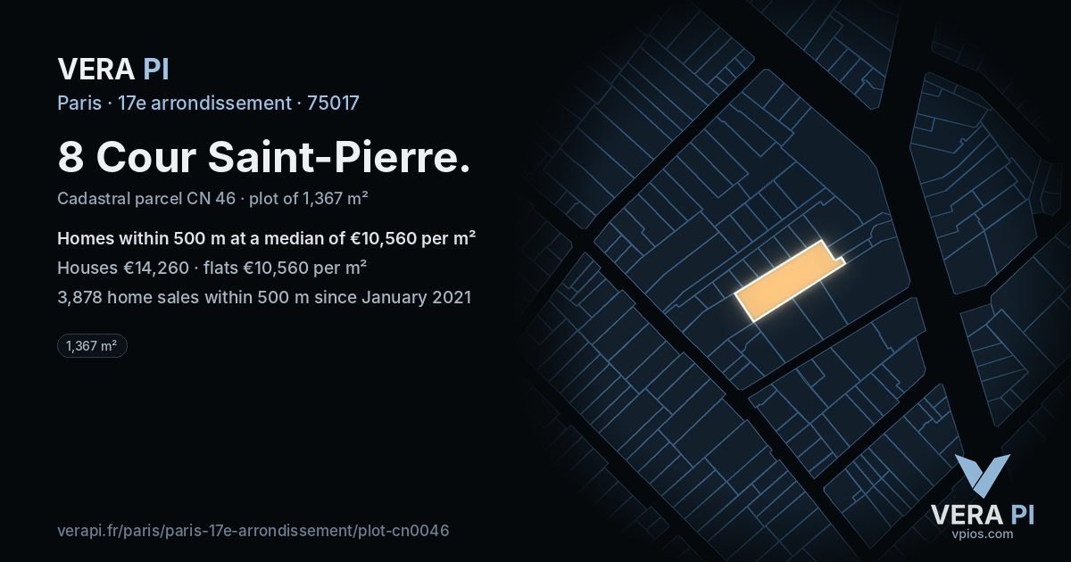 8 Cour Saint-Pierre, 17e arrondissement at night – the plot lit, the parcels around coloured by the prices near them