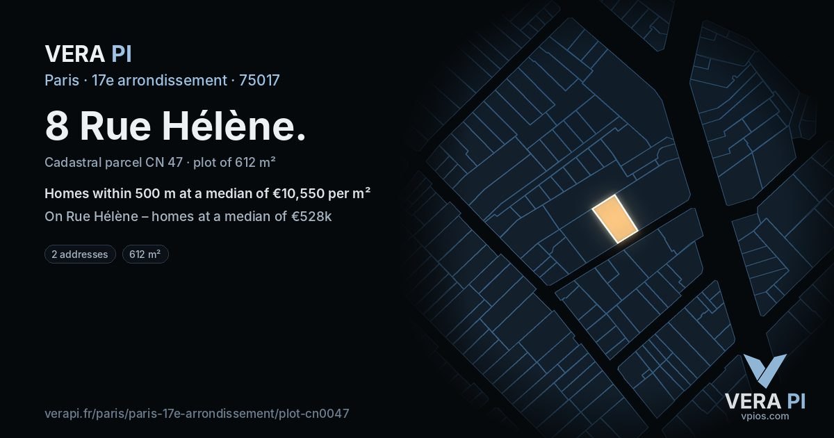 8 Rue Hélène, 17e arrondissement at night – the plot lit, the parcels around coloured by the prices near them
