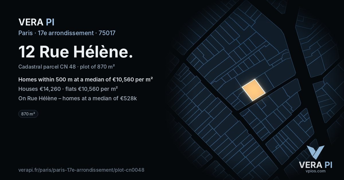 12 Rue Hélène, 17e arrondissement at night – the plot lit, the parcels around coloured by the prices near them