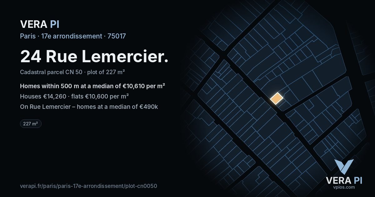 24 Rue Lemercier, 17e arrondissement at night – the plot lit, the parcels around coloured by the prices near them