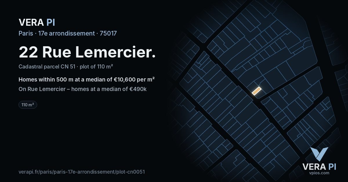 22 Rue Lemercier, 17e arrondissement at night – the plot lit, the parcels around coloured by the prices near them