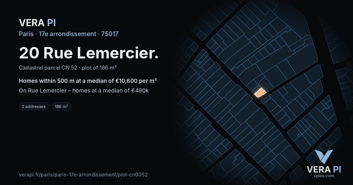 20 Rue Lemercier, 17e arrondissement at night – the plot lit, the parcels around coloured by the prices near them