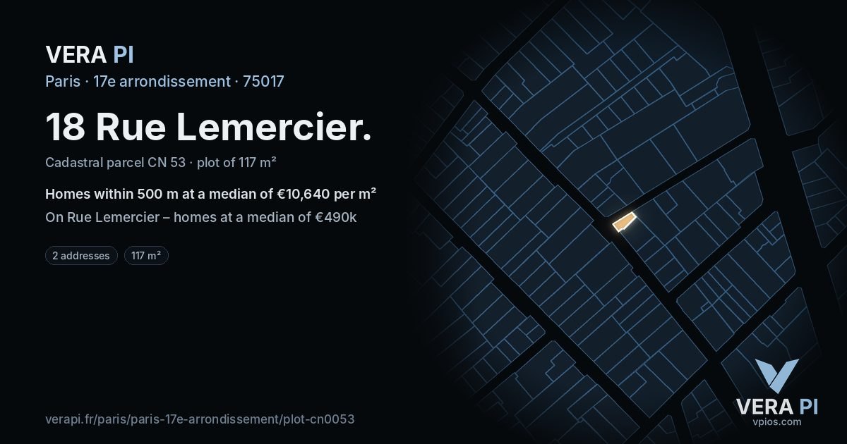 18 Rue Lemercier, 17e arrondissement at night – the plot lit, the parcels around coloured by the prices near them