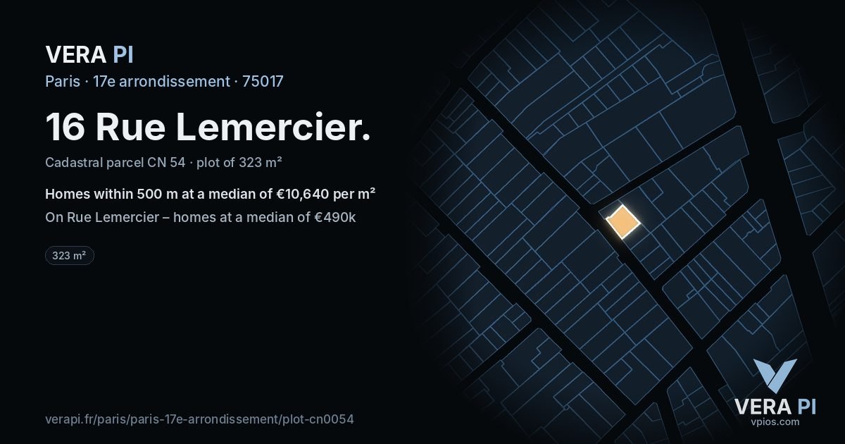 16 Rue Lemercier, 17e arrondissement at night – the plot lit, the parcels around coloured by the prices near them