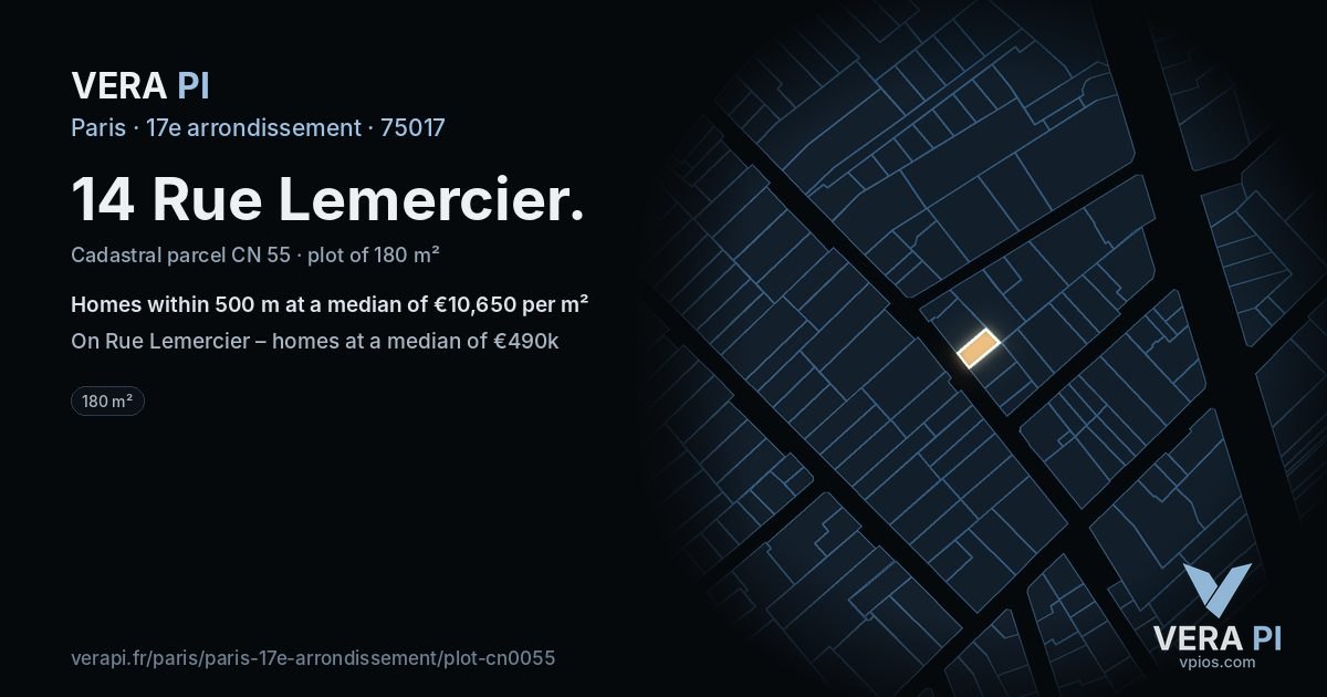 14 Rue Lemercier, 17e arrondissement at night – the plot lit, the parcels around coloured by the prices near them