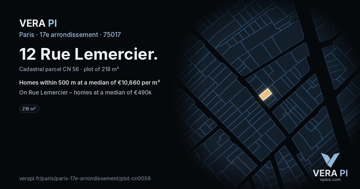 12 Rue Lemercier, 17e arrondissement at night – the plot lit, the parcels around coloured by the prices near them