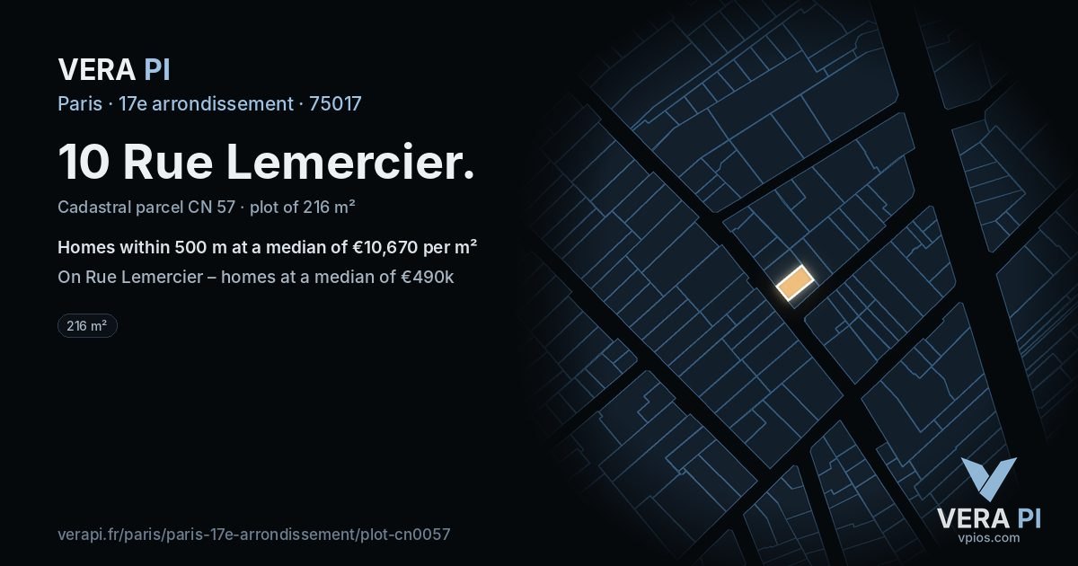 10 Rue Lemercier, 17e arrondissement at night – the plot lit, the parcels around coloured by the prices near them