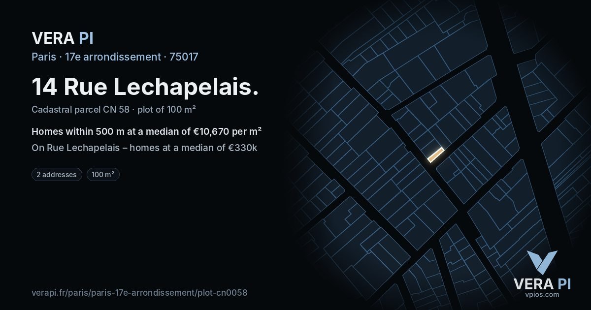 14 Rue Lechapelais, 17e arrondissement at night – the plot lit, the parcels around coloured by the prices near them