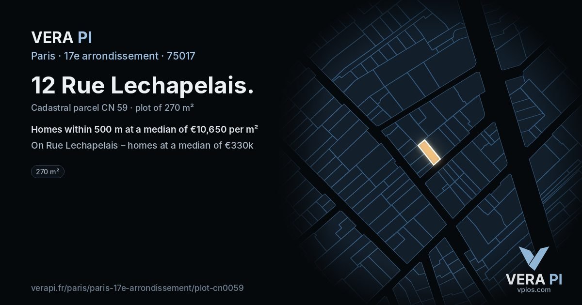 12 Rue Lechapelais, 17e arrondissement at night – the plot lit, the parcels around coloured by the prices near them
