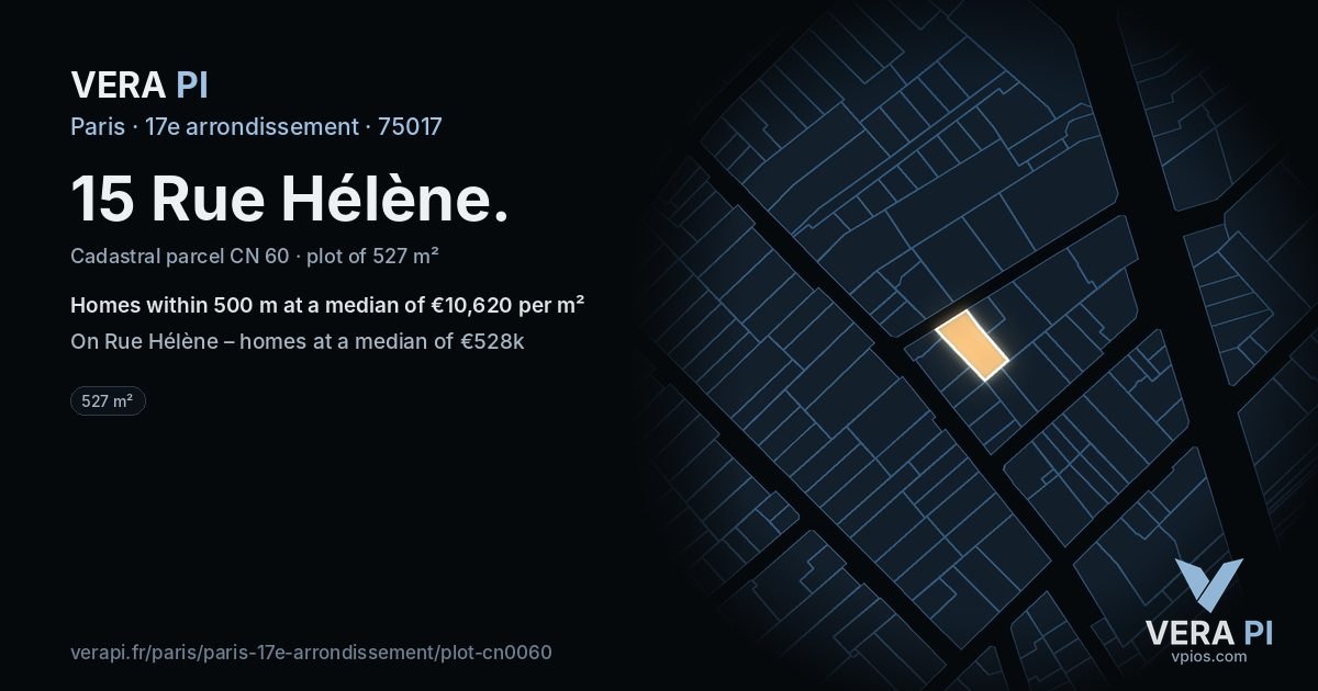 15 Rue Hélène, 17e arrondissement at night – the plot lit, the parcels around coloured by the prices near them