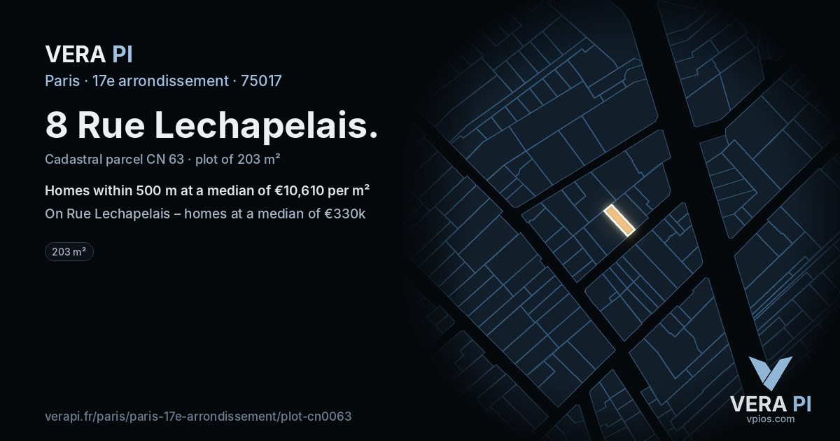 8 Rue Lechapelais, 17e arrondissement at night – the plot lit, the parcels around coloured by the prices near them