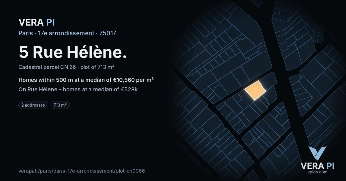 5 Rue Hélène, 17e arrondissement at night – the plot lit, the parcels around coloured by the prices near them