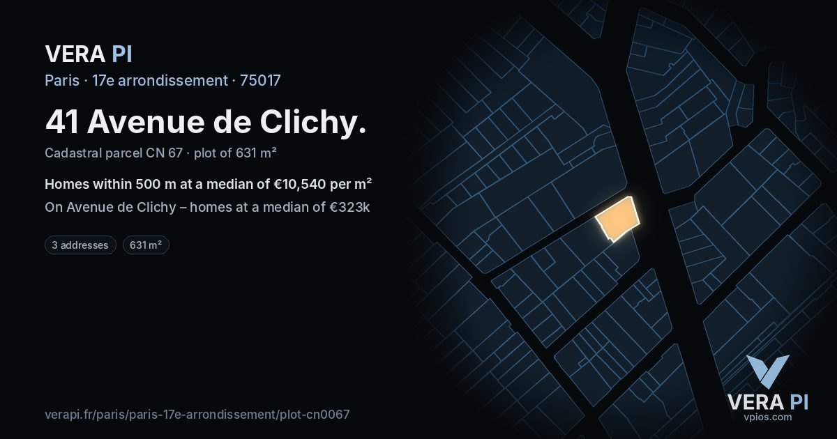 41 Avenue de Clichy, 17e arrondissement at night – the plot lit, the parcels around coloured by the prices near them