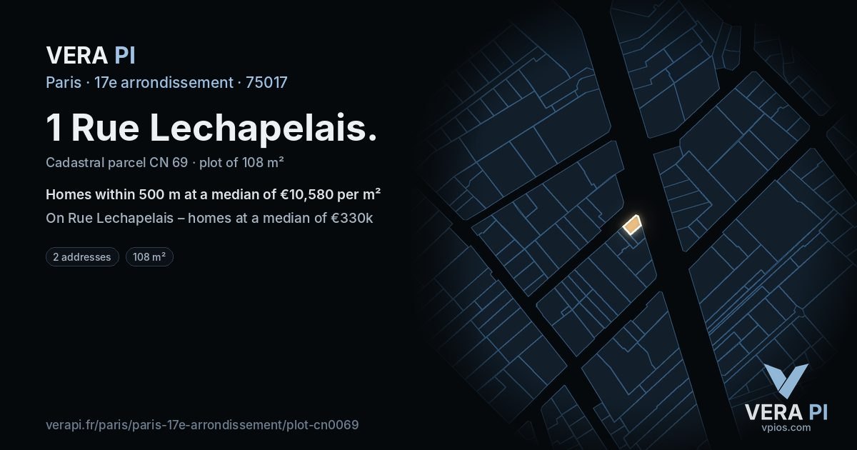 1 Rue Lechapelais, 17e arrondissement at night – the plot lit, the parcels around coloured by the prices near them