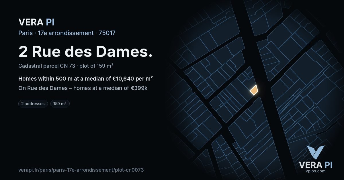 2 Rue des Dames, 17e arrondissement at night – the plot lit, the parcels around coloured by the prices near them