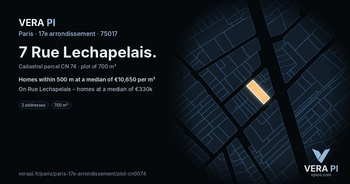 7 Rue Lechapelais, 17e arrondissement at night – the plot lit, the parcels around coloured by the prices near them
