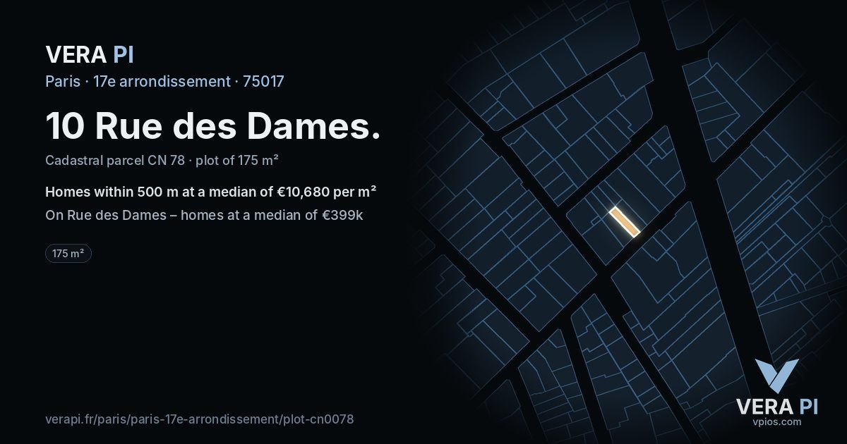 10 Rue des Dames, 17e arrondissement at night – the plot lit, the parcels around coloured by the prices near them
