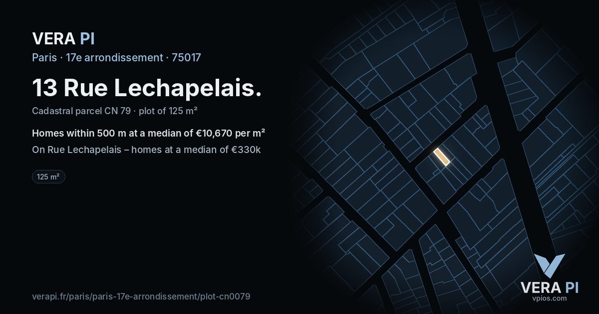 13 Rue Lechapelais, 17e arrondissement at night – the plot lit, the parcels around coloured by the prices near them