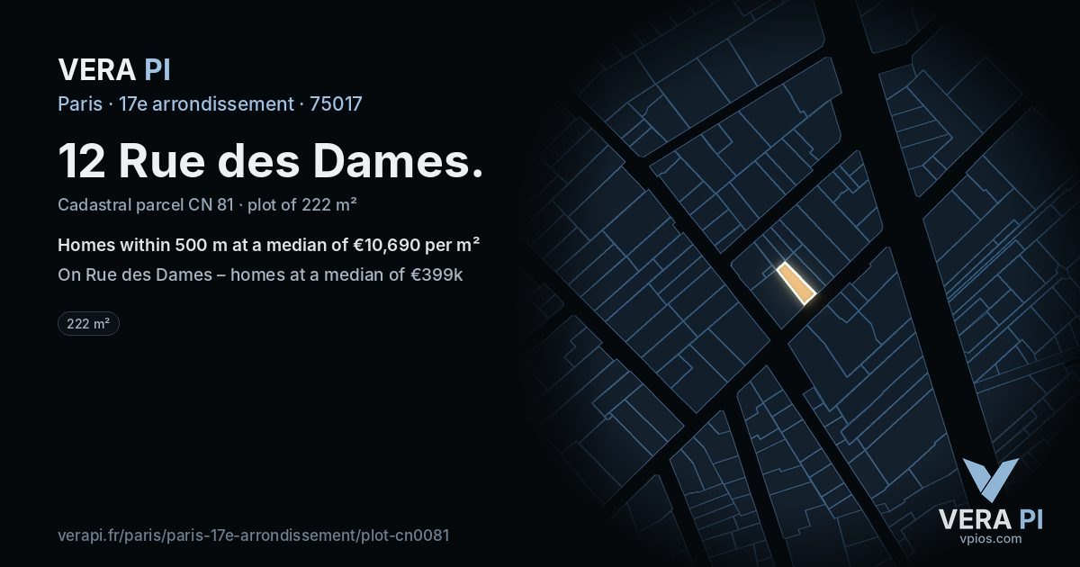 12 Rue des Dames, 17e arrondissement at night – the plot lit, the parcels around coloured by the prices near them