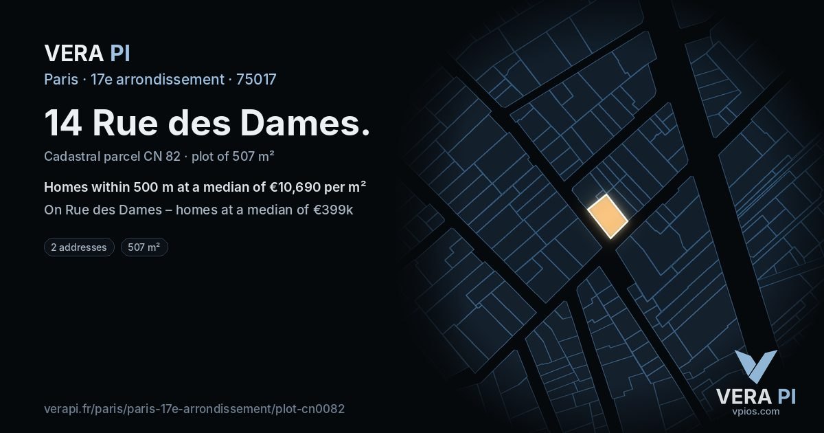 14 Rue des Dames, 17e arrondissement at night – the plot lit, the parcels around coloured by the prices near them