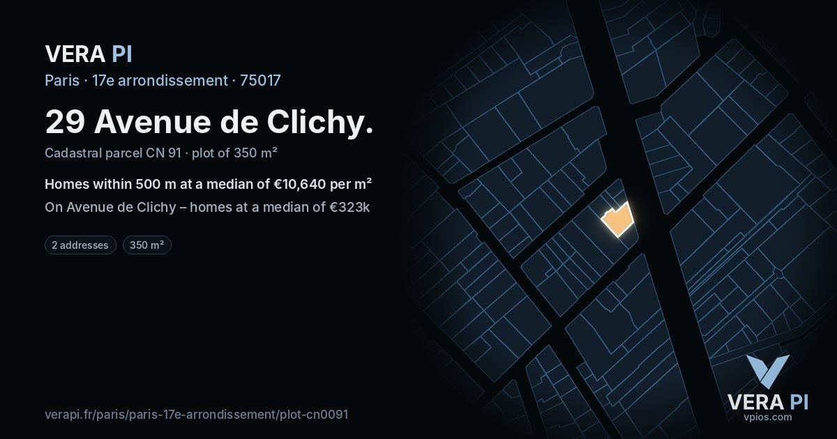 29 Avenue de Clichy, 17e arrondissement at night – the plot lit, the parcels around coloured by the prices near them