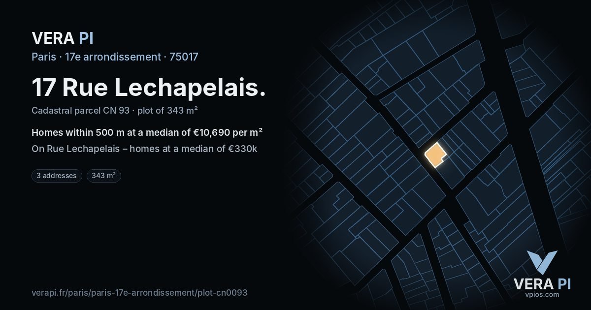 17 Rue Lechapelais, 17e arrondissement at night – the plot lit, the parcels around coloured by the prices near them