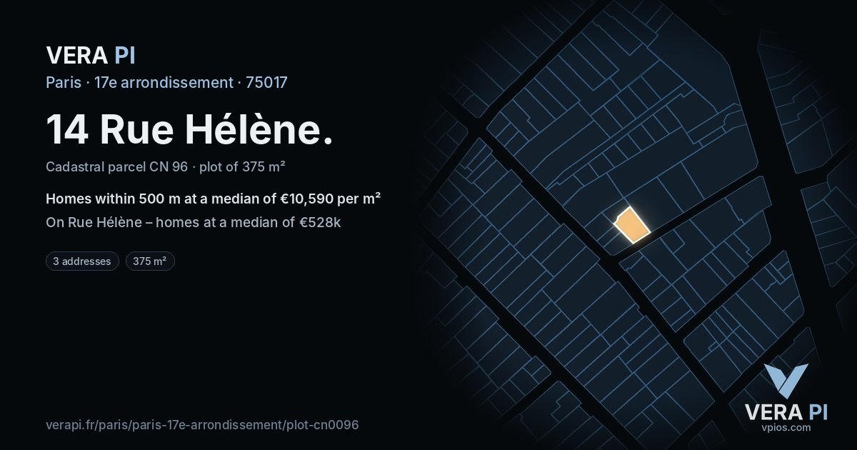 14 Rue Hélène, 17e arrondissement at night – the plot lit, the parcels around coloured by the prices near them